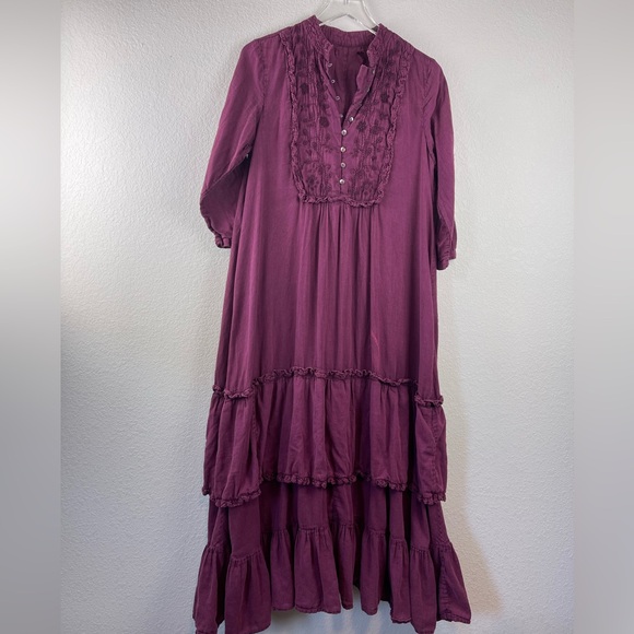 Bohemian Whimsigoth Cotton Fairy Tiered Dress Burgundy Buttons Lace Embroidery - Picture 2 of 9